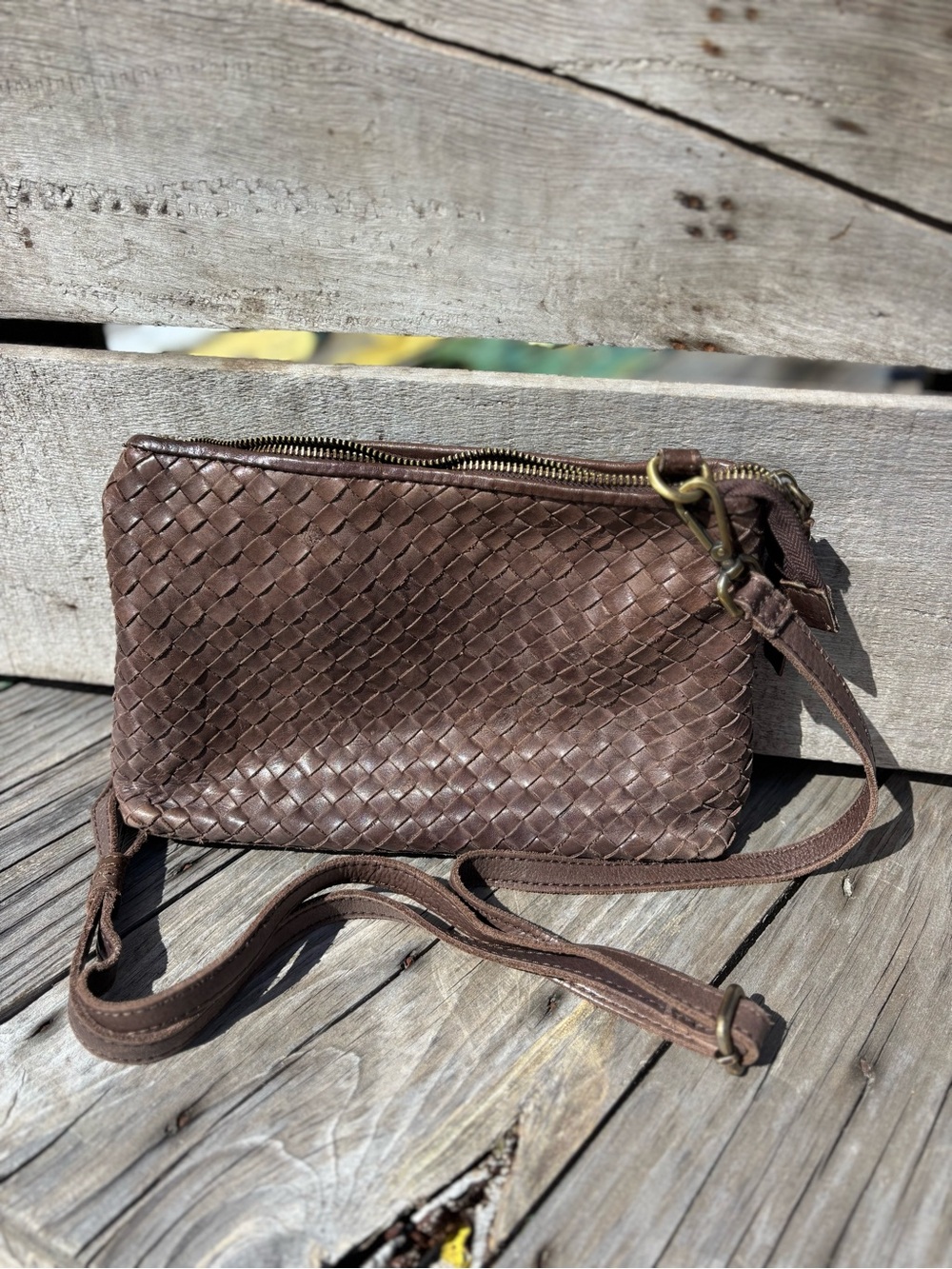 Valentina Italy Leather Woven Crossbody Bag Brown Genuine